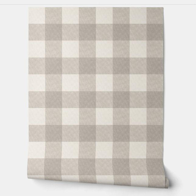 Large gingham checks plaid neutral beige wallpaper (Unrolling)