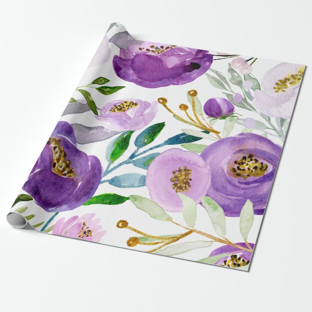 Large Gold and Ultraviolet Floral Pattern Wrapping Paper (Unrolled)