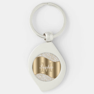 Large Gold Monogram, White Script Name, Diamonds K Key Ring
