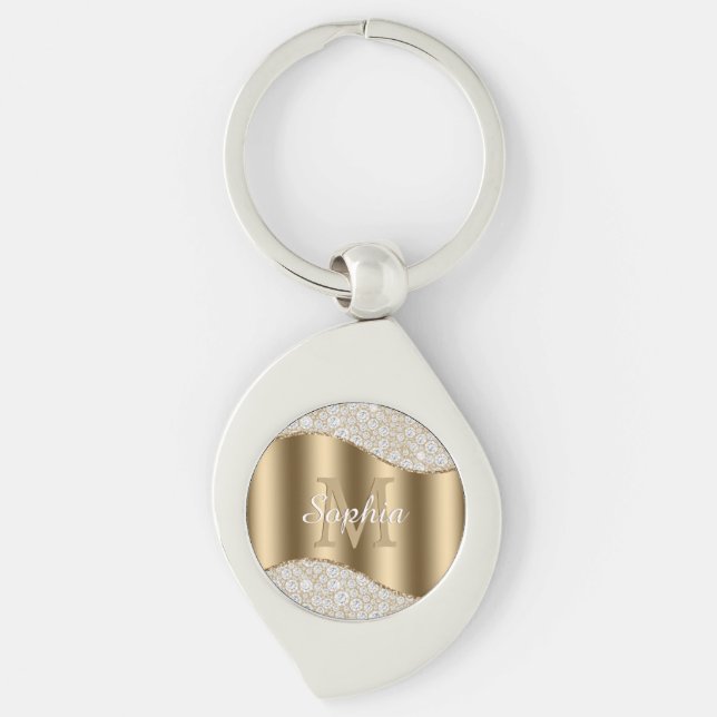 Large Gold Monogram, White Script Name, Diamonds K Key Ring (Front)