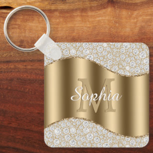 Large Gold Monogram, White Script Name, Diamonds K Key Ring