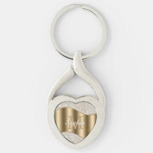 Large Gold Monogram, White Script Name, Diamonds Key Ring