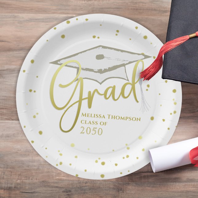 Large Gold Script Graduation Cap Class of Decor Paper Plate (Large gold script grad design with graduation cap and personalized class year celebration theme.)