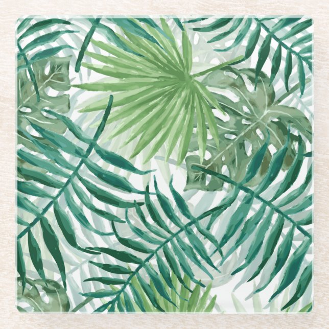 Large Green Fern Palm and Monstera Tropical Plants Glass Coaster (Front)