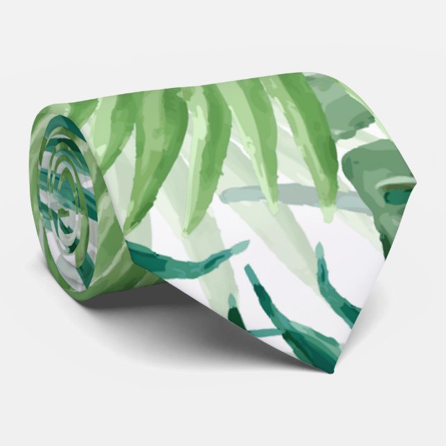 Large Green Fern Palm and Monstera Tropical Plants Tie (Rolled)