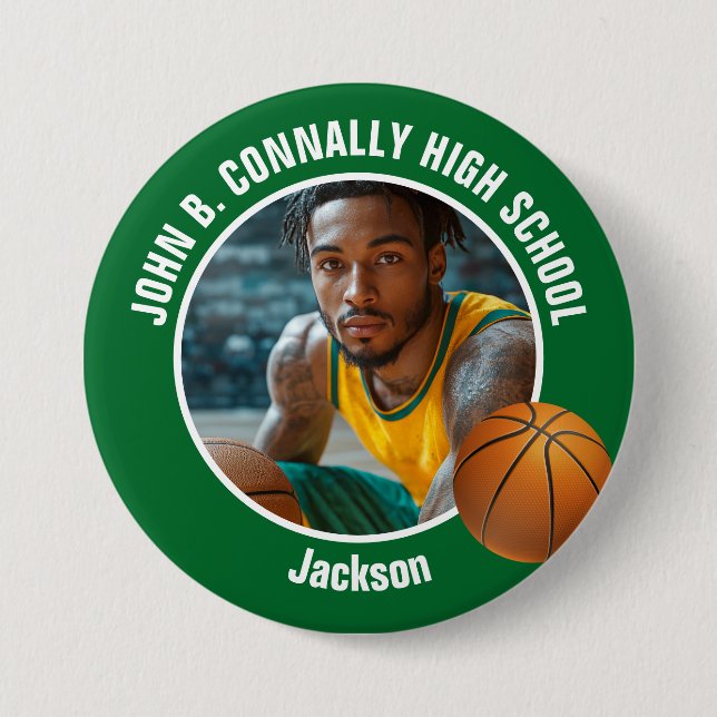 Large Green High School Basketball Player Photo 7.5 Cm Round Badge (Front)