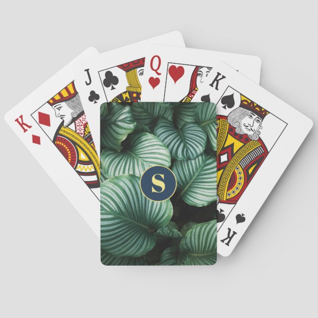 Large Green Leaves Design, Yellow Monogram Playing Cards (Back)