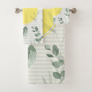 Large Green Leaves Sun Striped Shower Curtain Bath Towel Set