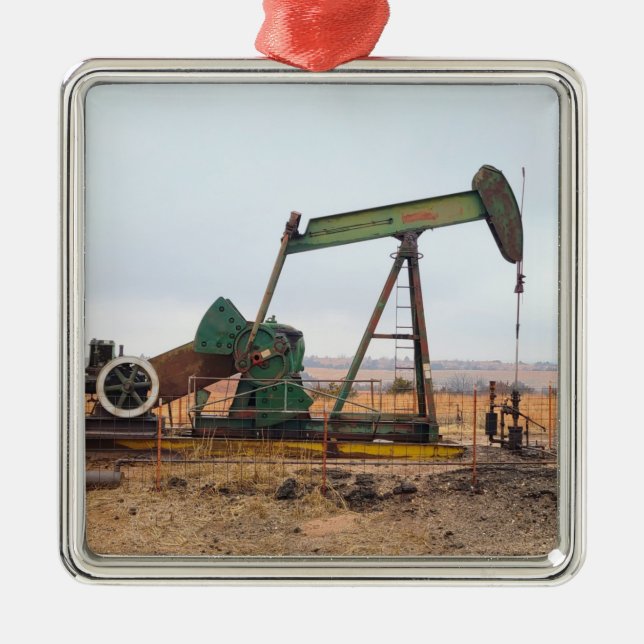 Large Green Pumpjack in an Oil Field Metal Ornament (Front)