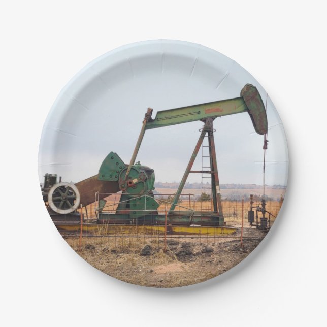 Large Green Pumpjack in an Oil Field Paper Plate (Front)