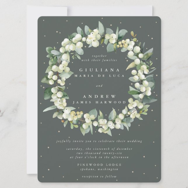 Large Green Snowberry + Eucalyptus Wreath Wedding Invitation (Front)