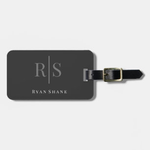 Large Grey Monogram & White Name Info, Dark Grey Luggage Tag