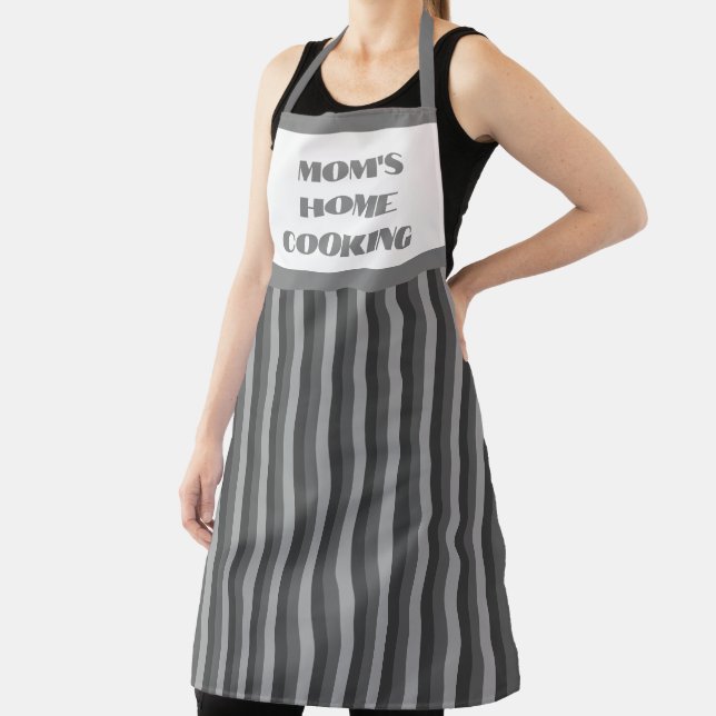 Large Grey Striped Mum's Home Cooking Apron (Insitu)