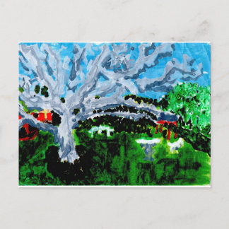 Large grey tree with benches postcard