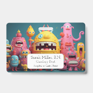 Large group of colourful monsters ID badge