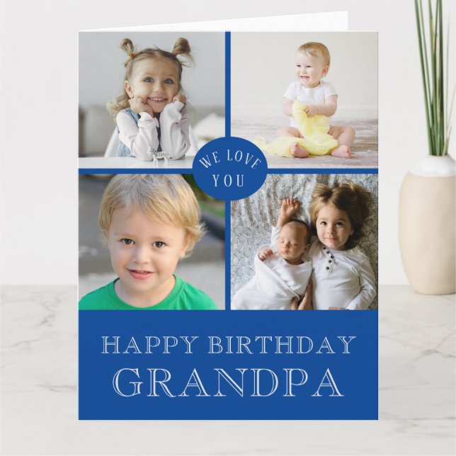 LARGE Happy Birthday Grandpa Blue Photo Collage Card (Front)