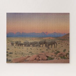 Large Herd of Elephants Sunset Nature Photo Jigsaw Puzzle