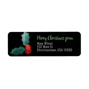 Large Holly Leaf with Red Berries, Christmas Return Address Label