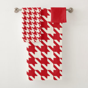 Large Houndstooth Pattern Cherry Red and White Bath Towel Set