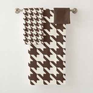 Large Houndstooth Pattern Dark Brown and White Bath Towel Set