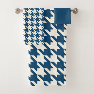 Large Houndstooth Pattern Medium Blue and White Bath Towel Set