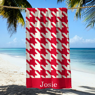 Large Houndstooth Pattern Raspberry Red Beach Towel
