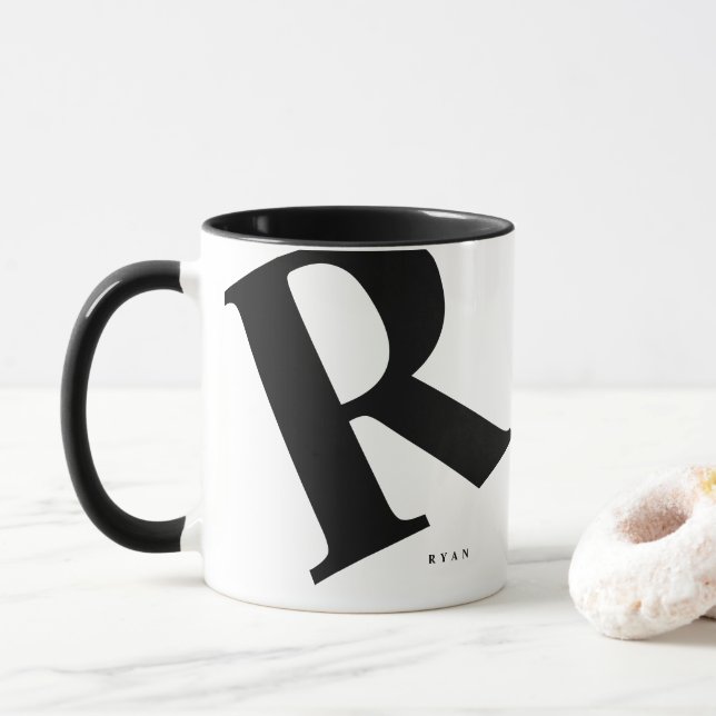 Large Initial | Modern Typography | Black Mug (With Donut)