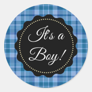 Large It's a Boy! Baby Shower Blue Plaid Stickers