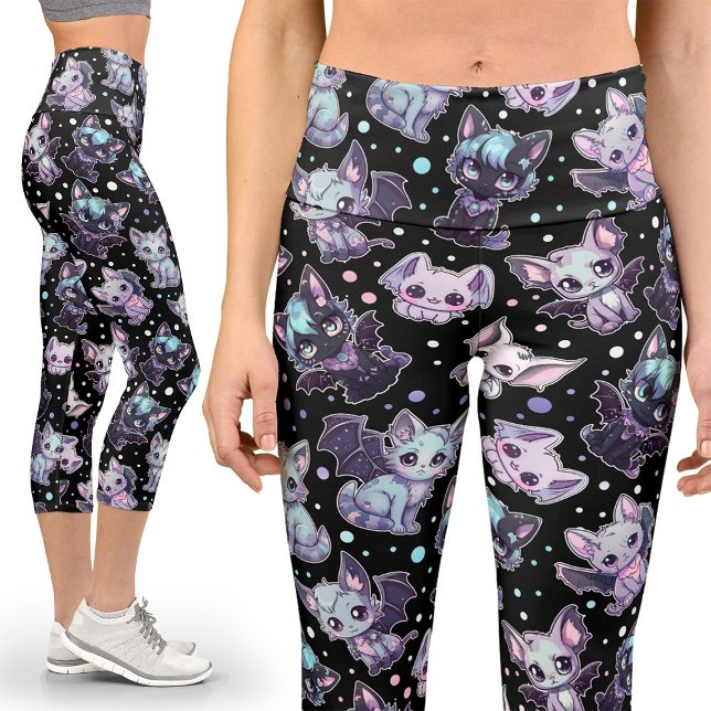Large Kawaii Pastel Goth Cat-Bat Harajuku Yoga Capri Leggings (Creator Uploaded)
