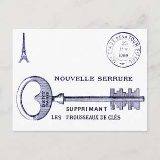 Large key design with Eiffel Tower and postmark Postcard