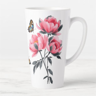 Large Latte Mug - Pink Peony Flowers, Butterflies