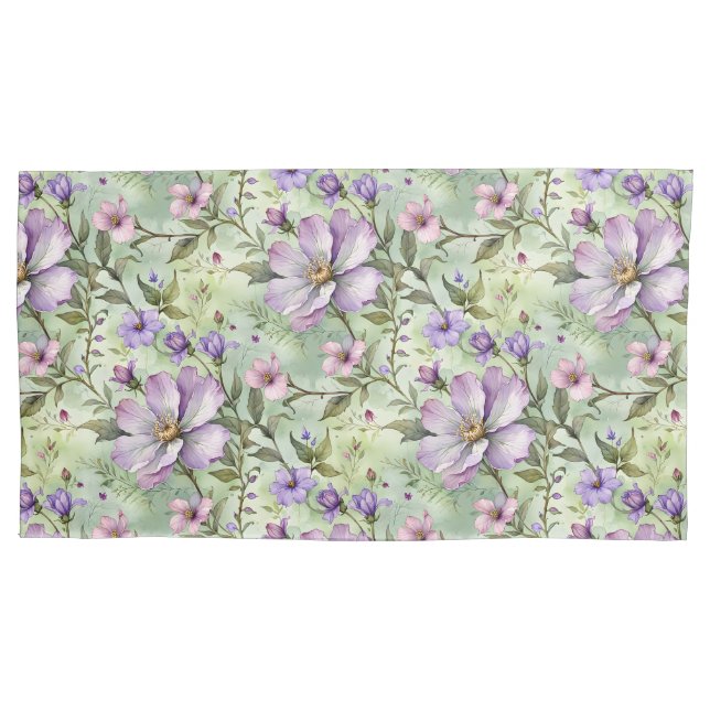 Large Lavender Flowers on Mint Pillowcase (Front)