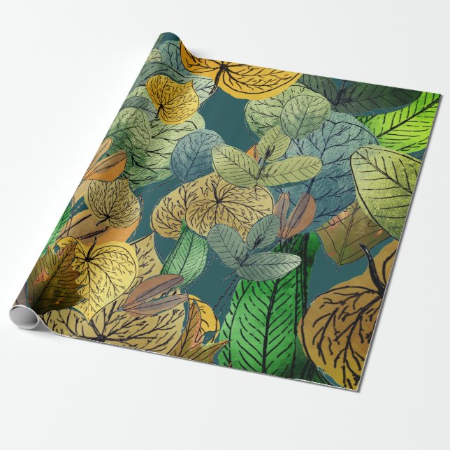Large Leaf Foliage Green, Brown, Teal, Rust Wrapping Paper (Unrolled)