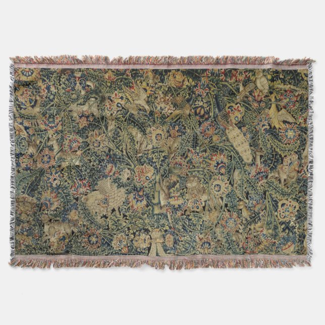 Large Leaf Verdure & Animals Renaissance Tapestry Throw Blanket (Front)