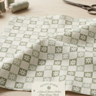Large Light Green Daisy Chequerboard Natural Linen Fabric