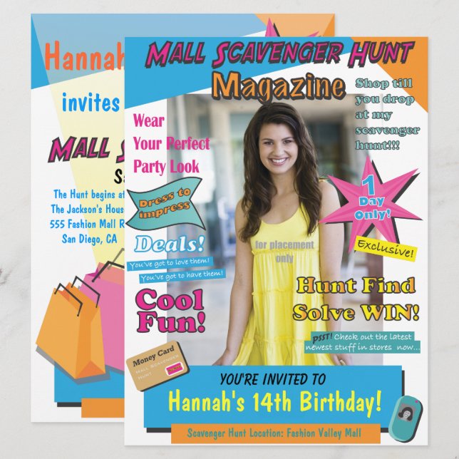 Large Mall Scavenger Hunt Birthday Magazine Cover Invitation (Front/Back)