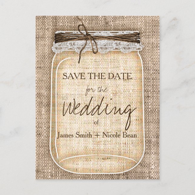 Large Mason Jar & Burlap Lace Rustic Save the Date Announcement Postcard (Front)