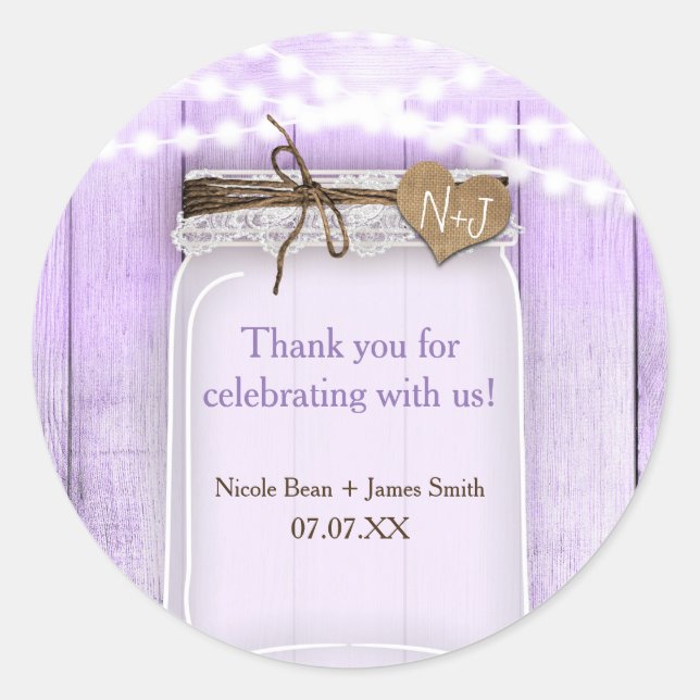 Large Mason Jar & Lavender Purple Rustic Favour Classic Round Sticker (Front)
