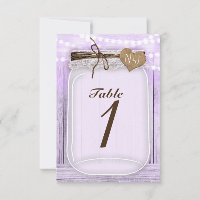 Large Mason Jar & Lights Lavender Table Number (Front)