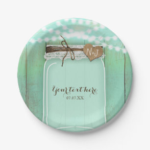 Large Mason Jar & Lights Mint Rustic Wedding Paper Plate