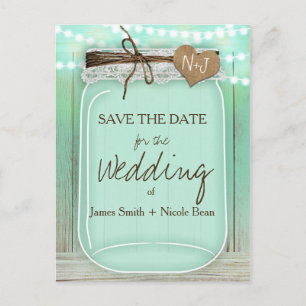 Large Mason Jar Mint + Lights Rustic Save the Date Announcement Postcard