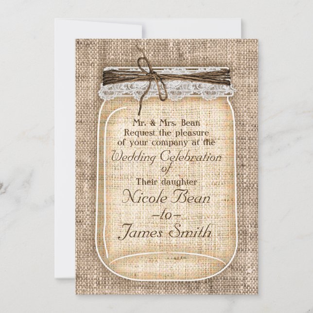 Large Mason Jar with Burlap & Lace Rustic Wedding Invitation (Front)