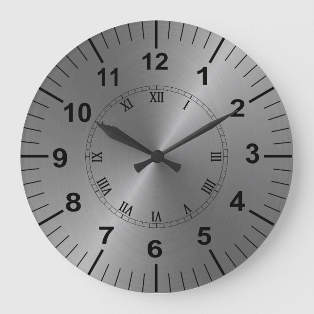 Large Metal Effect Grey Kitchen Wall Clock (Front)