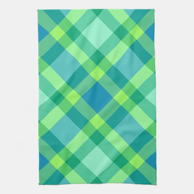 Large Modern Bias Plaid, Jade Green & Turquoise Tea Towel (Vertical)