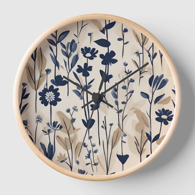 Large Modern Nave Blue Wildflower Clock (Front)