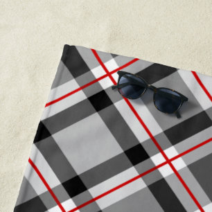 Large Modern Plaid, Black, White, Grey and Red Beach Towel