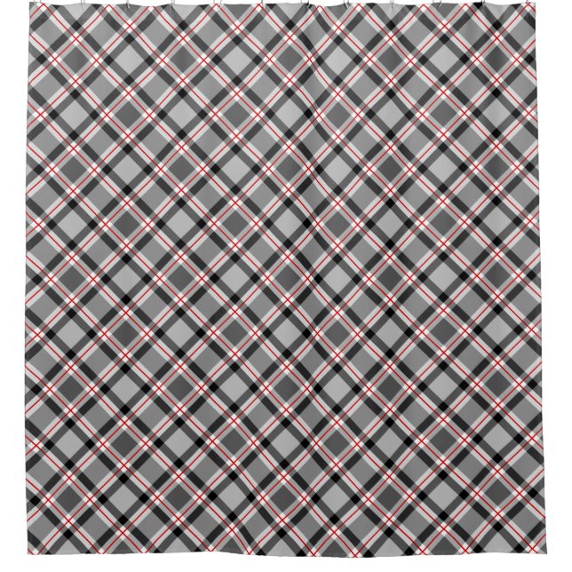 Large Modern Plaid, Black, White, Grey and Red Shower Curtain (Front)
