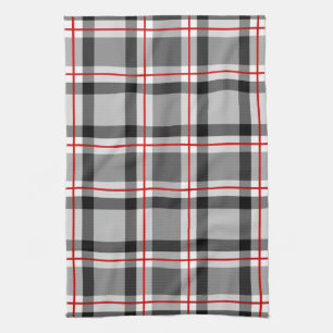 Large Modern Plaid, Black, White, Grey and Red Tea Towel