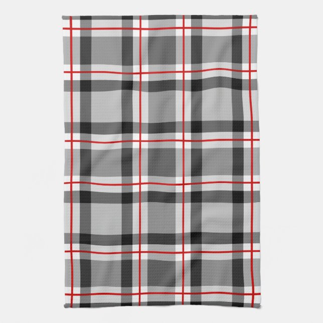 Large Modern Plaid, Black, White, Grey and Red Tea Towel (Vertical)