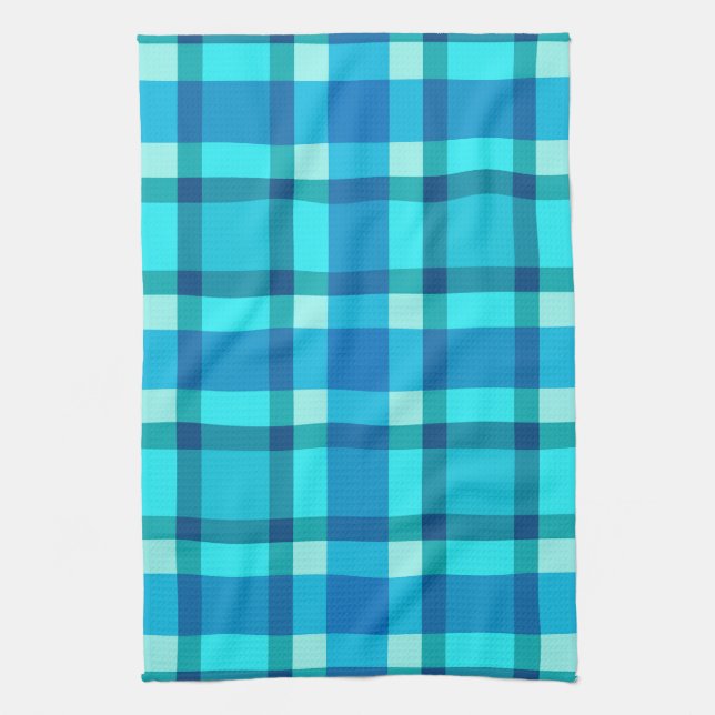 Large Modern Plaid, Cobalt Blue, Aqua & Turquoise Tea Towel (Vertical)